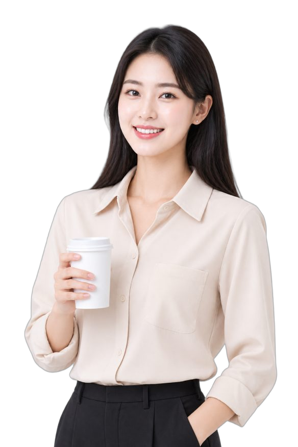 手拿紙杯、身穿米色襯衫的女性